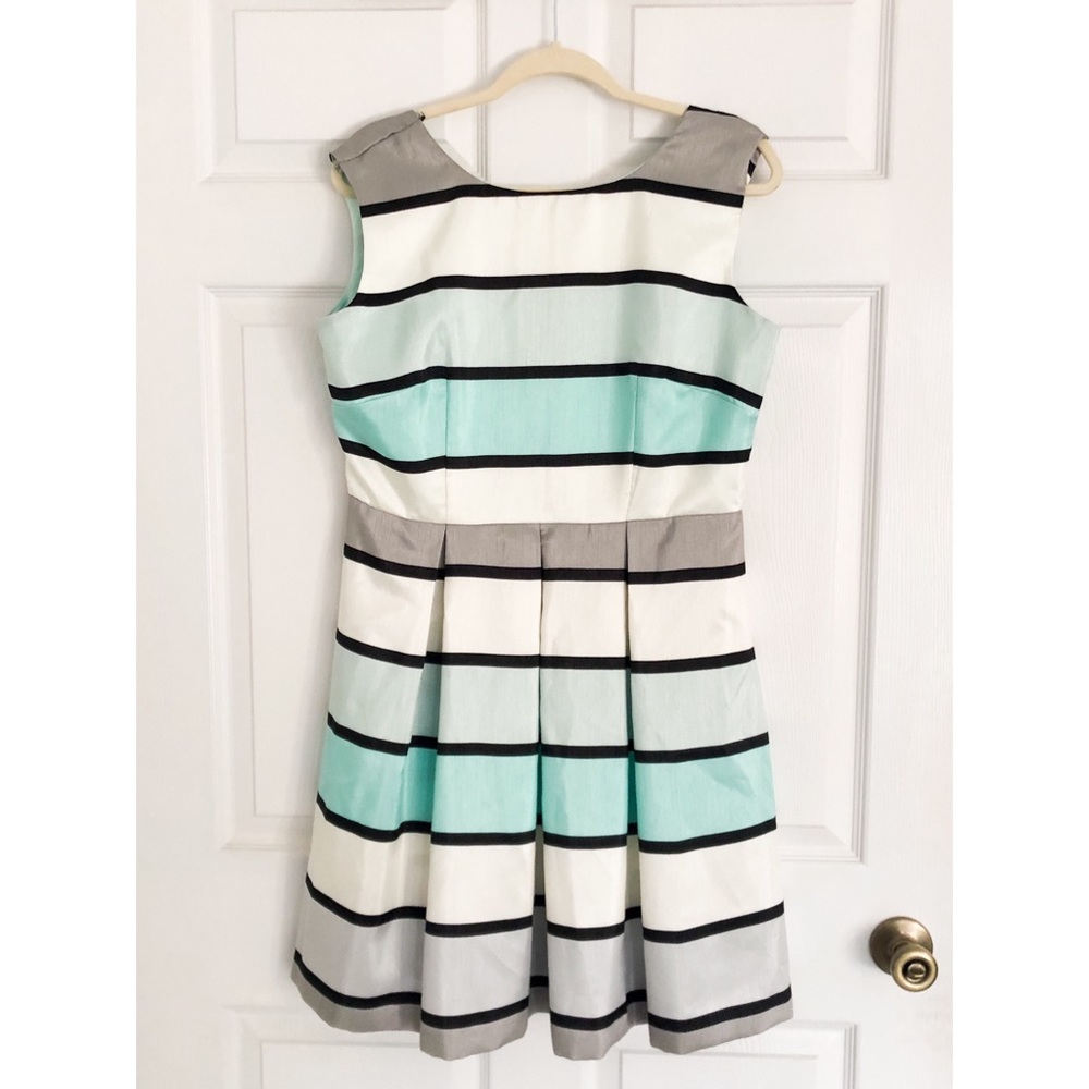 Striped teal, cream & grey dress